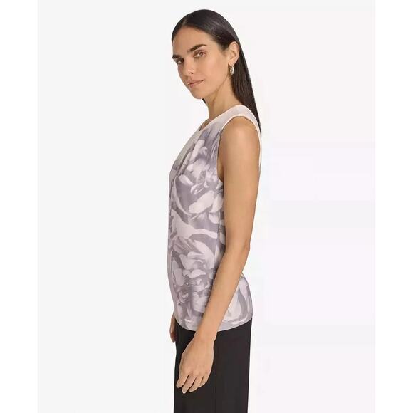Calvin Klein Women's Petite Printed Pleated-Neck Sleeveless Top in Gray Multi - Picture 2 of 3